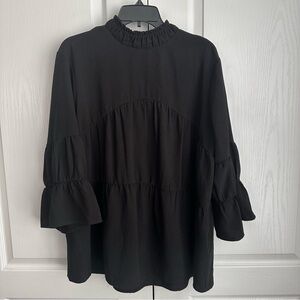 Babydoll  black long-sleeve tiered tunic top mock neck and ruffled sleeve XL